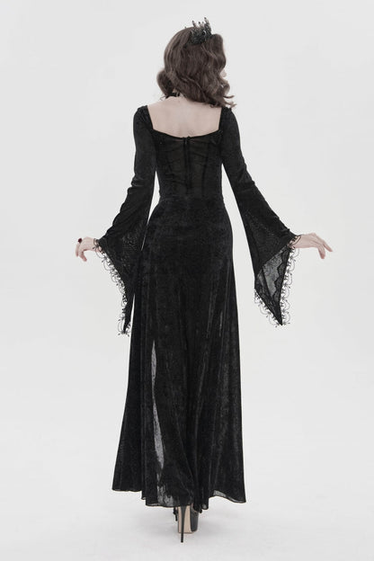 Black Halterneck Long Trumpet Sleeves Hanayome Lace Lace-Up Slim Chain-Decorated Women's Gothic Dress Plunging Split Maxi Dress