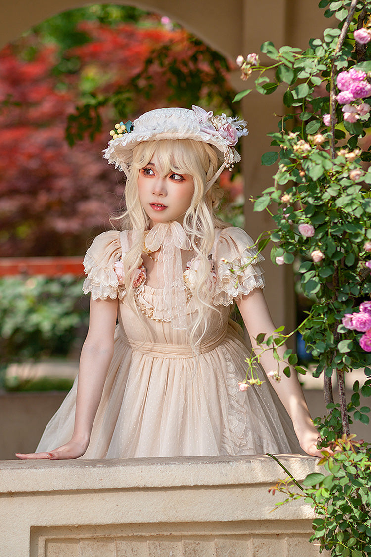 Apricot [Moon goddess *Mediana*] Polka Dot Print Ruffle Bowknot Asymmetric Sweet Elegant Lolita Dress