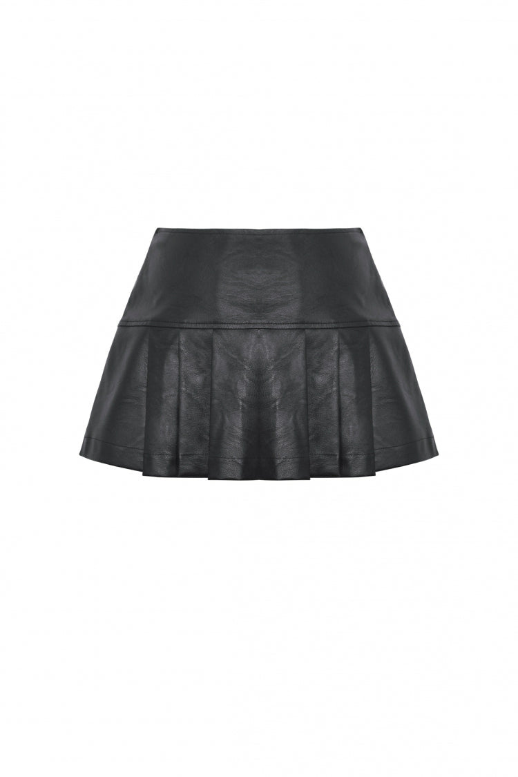 Black Faux Leather Metal Belt Buckled Pleated Women's Punk Mini Skirt