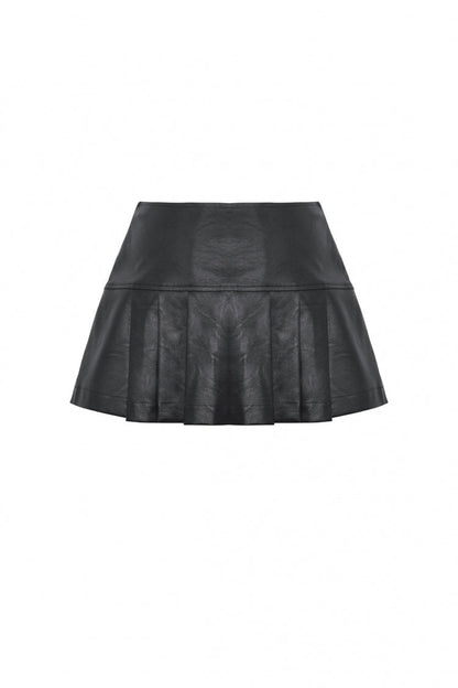 Black Faux Leather Metal Belt Buckled Pleated Women's Punk Mini Skirt