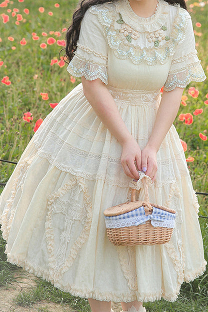 Beige Ruffled Round Collar Lace Cross Floral Embroidery Short Sleeves Plus Size Sweet Lolita OP Dress