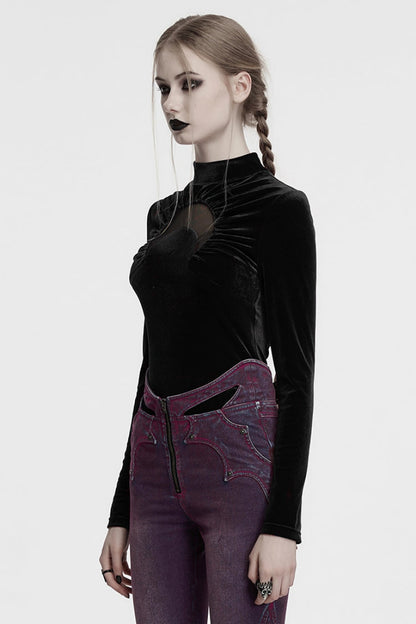 Black Moon Print Mesh Ruched Women's Gothic Blouse