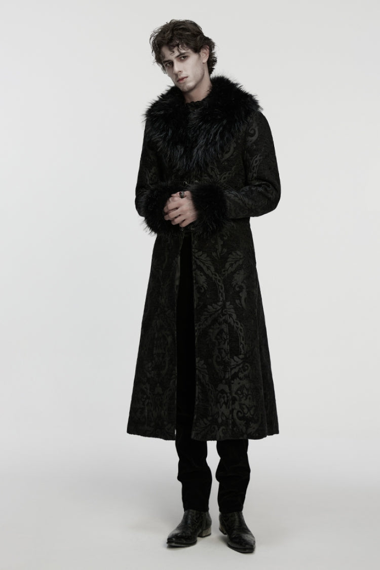 Black Fuax Fur Collar Long Sleeves Jacquard Zipper Men's Gothic Coat