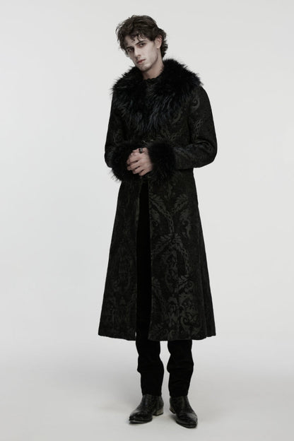 Black Fuax Fur Collar Long Sleeves Jacquard Zipper Men's Gothic Coat