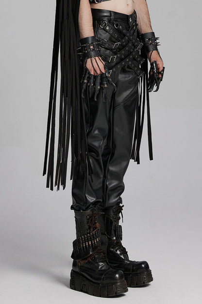 Black Mesh Buckle Strap Men's Punk Pants
