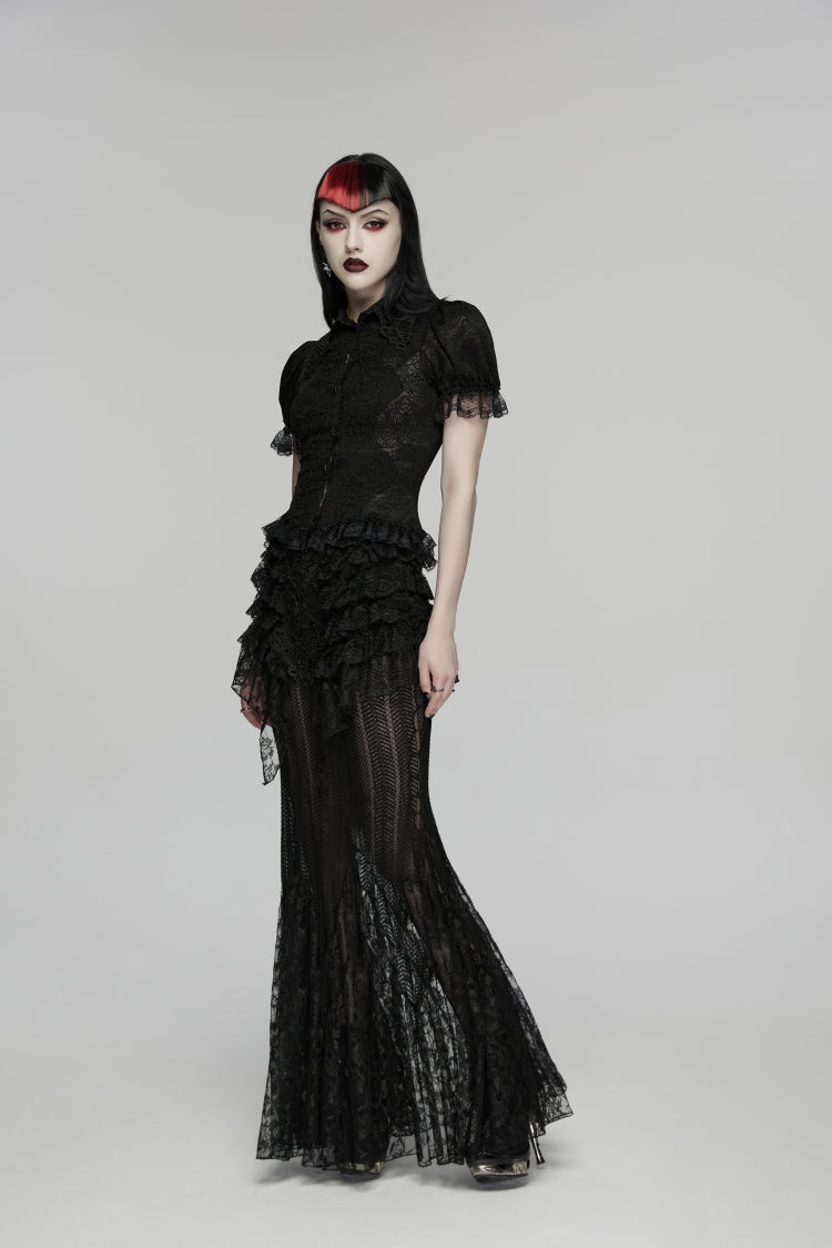 Black Lapel Collar Short Puff Sleeves Cut-Out Lace Lace-Up Slim Women's Gothic Blouse