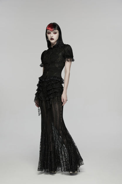 Black Lapel Collar Short Puff Sleeves Cut-Out Lace Lace-Up Slim Women's Gothic Blouse