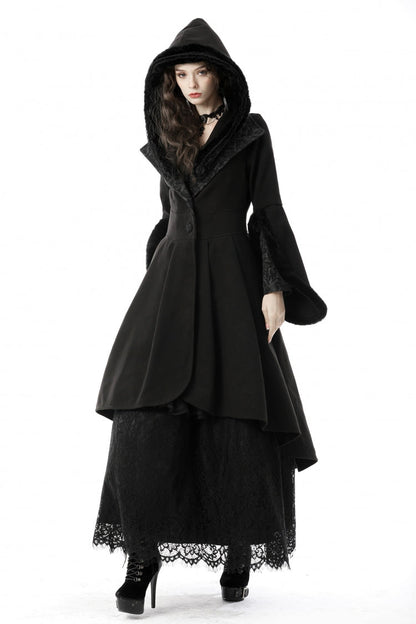 Black Lapel Collar Long Sleeves Women's Gothic High Low Woolen Dovetail Coat with Hood