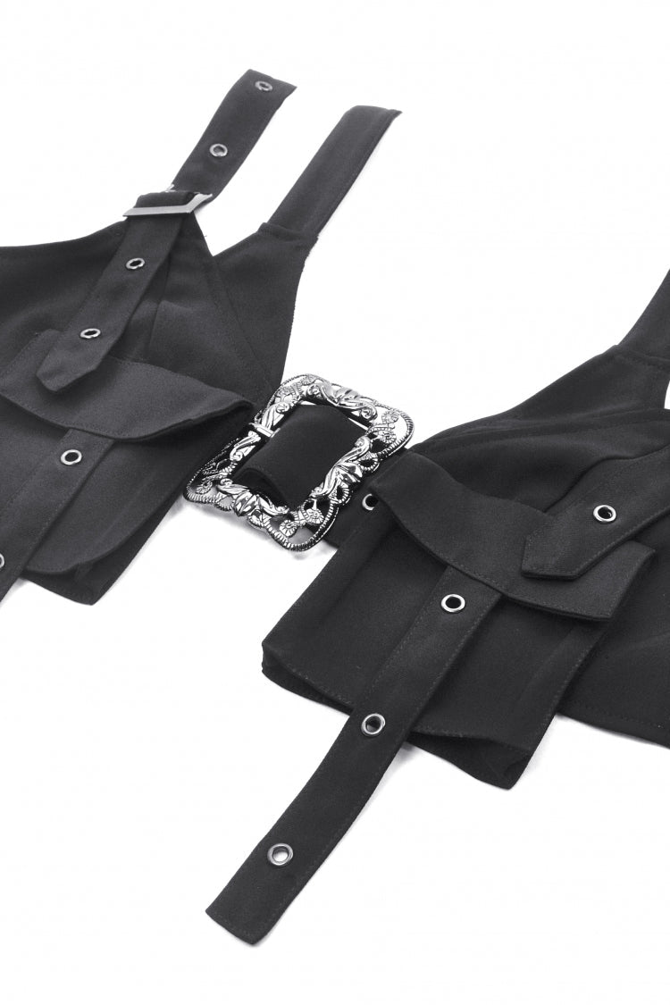Black Halterneck Buckled Women's Punk Utility Vest