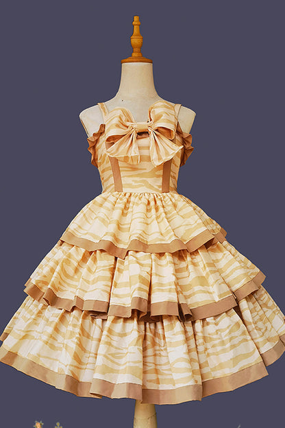 Apricot [Cloth Cat] Triple-Layered Print Ruffle Bowknot Sweet Lolita Dress