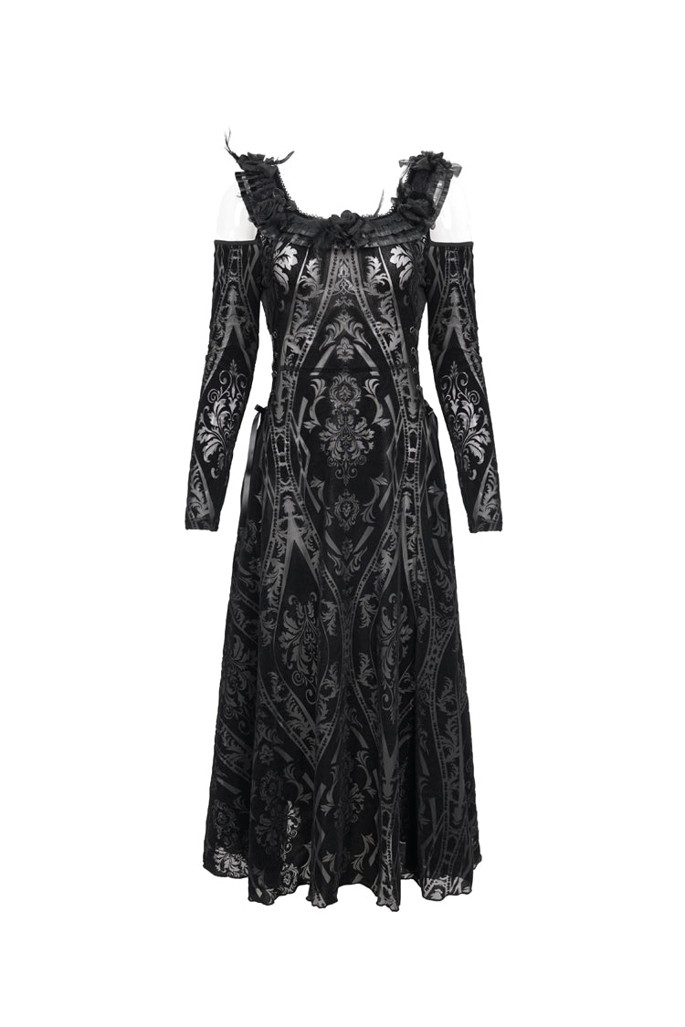 Black Off Shoulder Ruffled Flocked Print Long Women's Gothic Dress