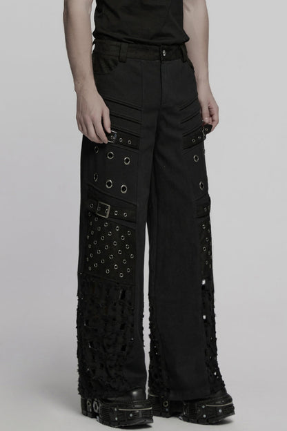Black Eyelet Ripped Men's Punk Straight Pants