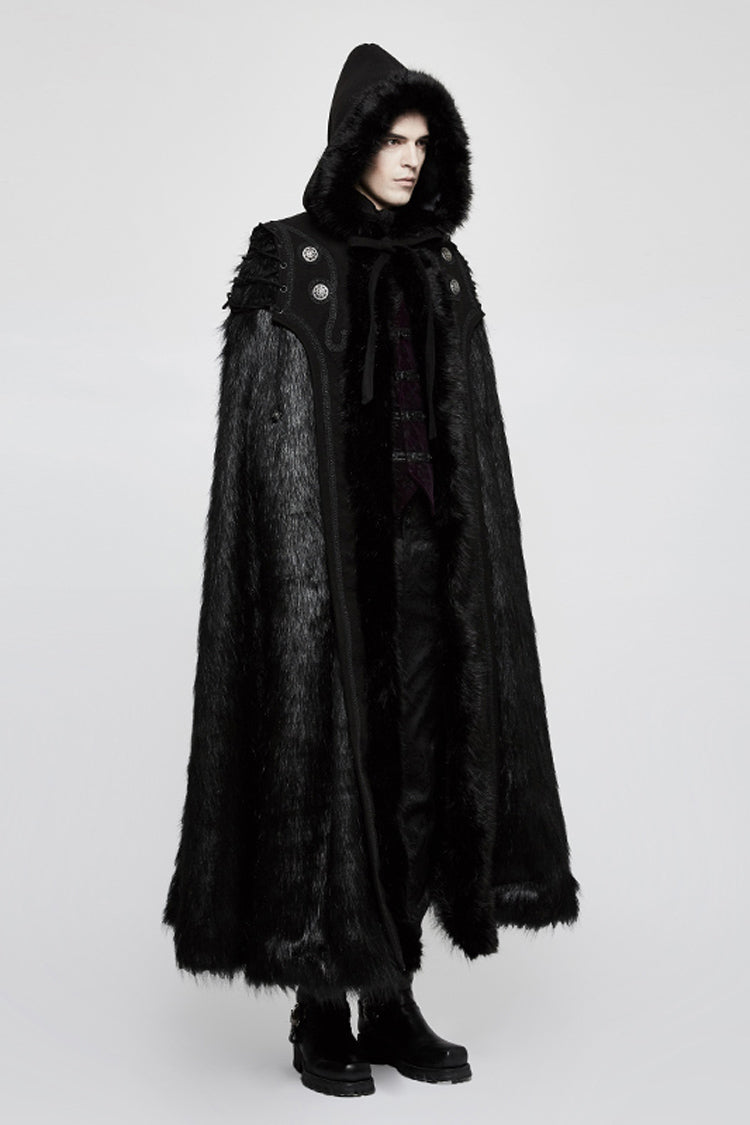 Black Hooded Long Fur Mens Gothic Cloak