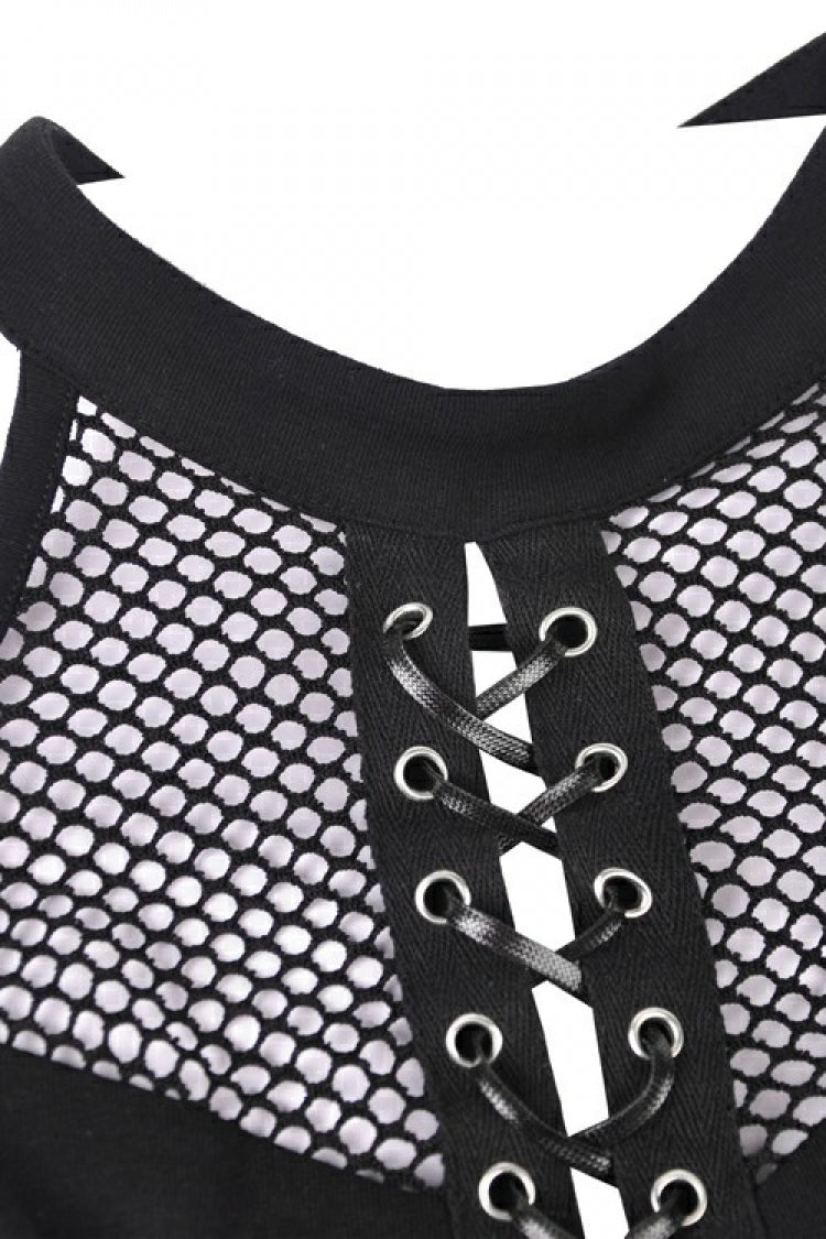 Black Off Shoulder Long Sleeves Lace-Up Mesh Women's Punk Top