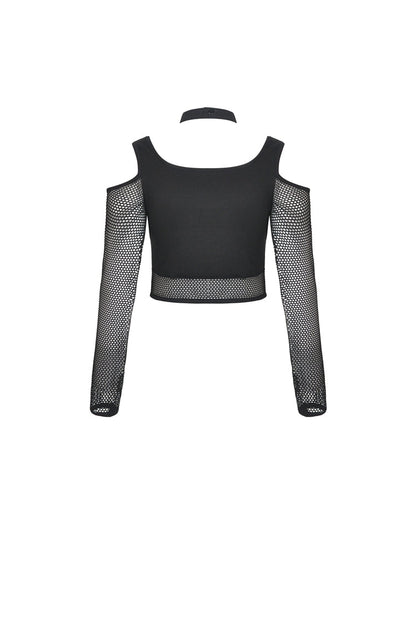 Black Off Shoulder Long Sleeves Lace-Up Chest Straps Sheer Mesh Women's Punk Top