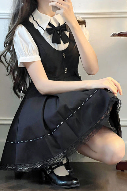 Black Dark Ruffle Bowknot Jirai Kei Jumper Dress