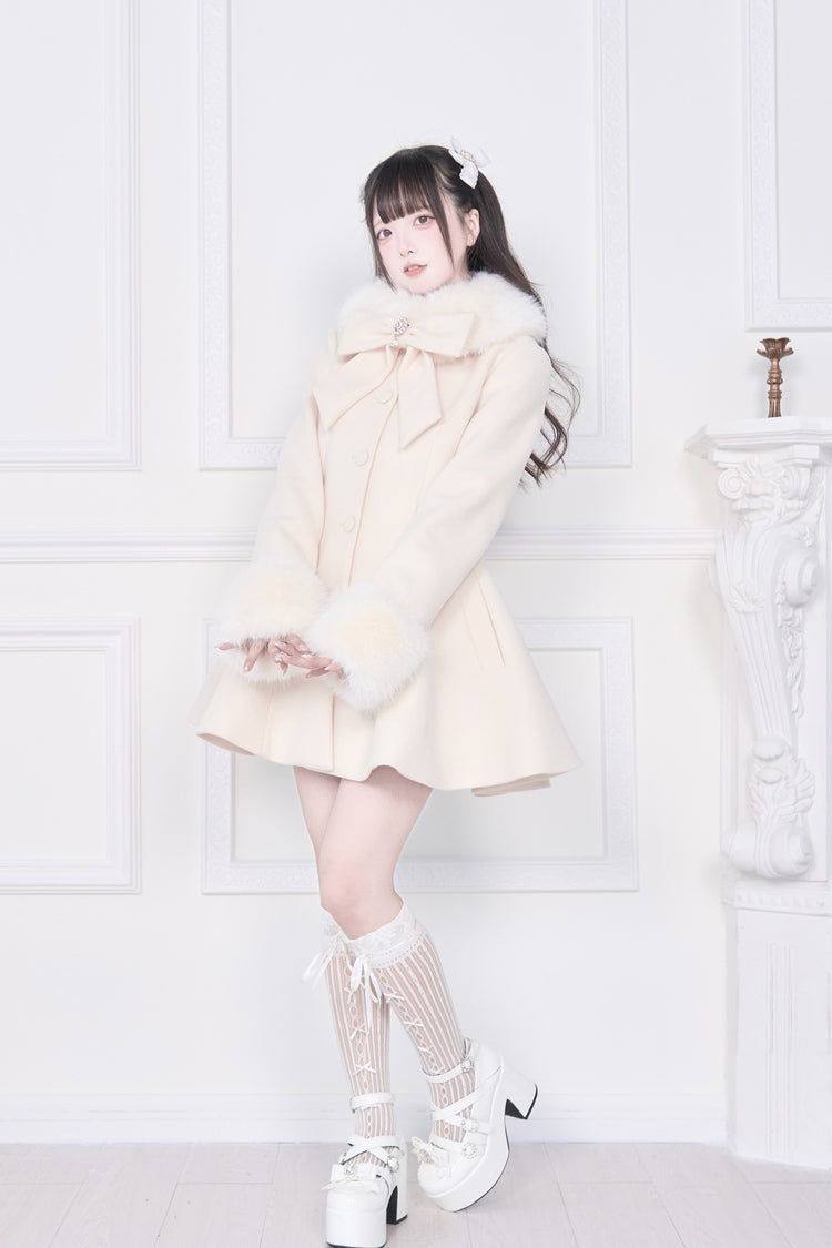 Apricot Plush Collar Long Sleeves Bowknot Japanese Sweet Lolita Coat