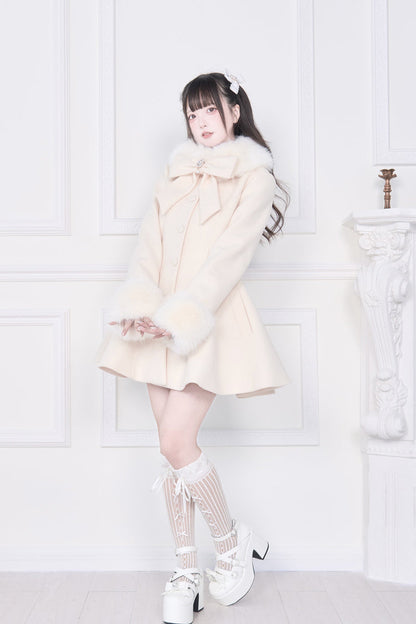 Apricot Plush Collar Long Sleeves Bowknot Japanese Sweet Lolita Coat