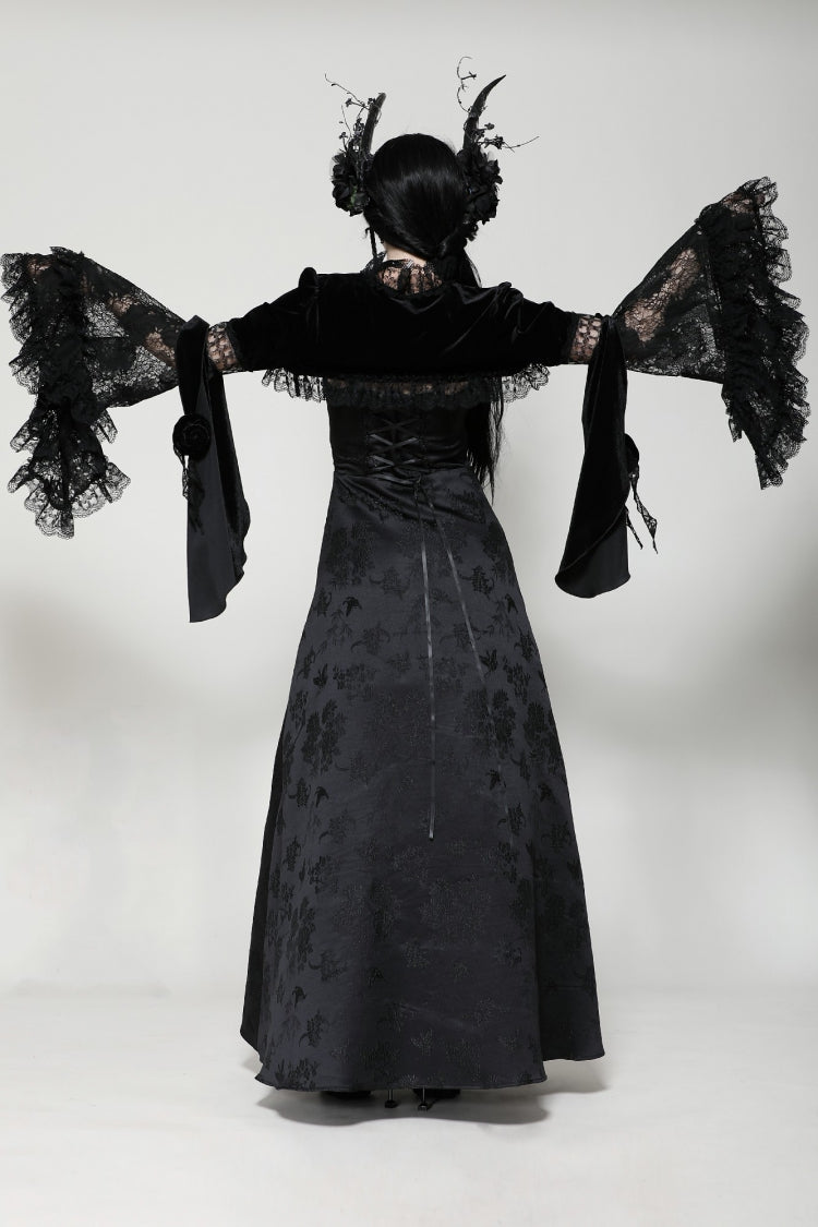 Black Long Puff Flared Sleeves Ruffled Lace Spliced Velvet Women's Gothic Cape