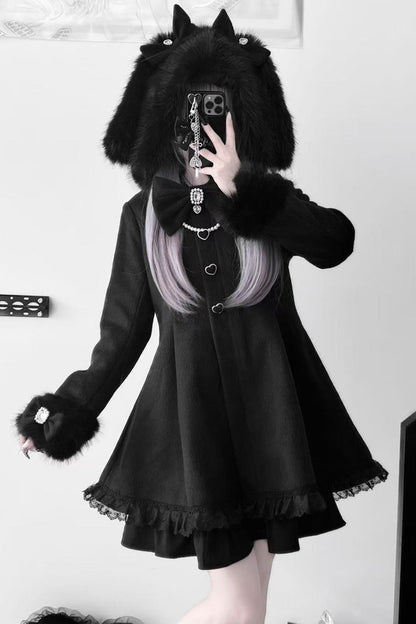 Black Long Sleeves Bowknot Rabbit Ears Detachable Hooded Japanese Jirai Kei Coat
