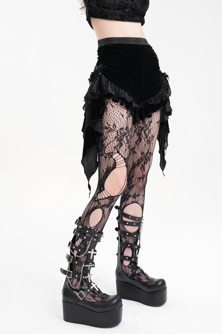 Black Plumed Ruffle Mesh Women's Gothic Shorts