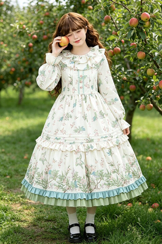 Apricot Round Collar Long Sleeves Double-Layered Floral Bird Printed Ruffled Bow Sweet Plus Size Lolita Dress