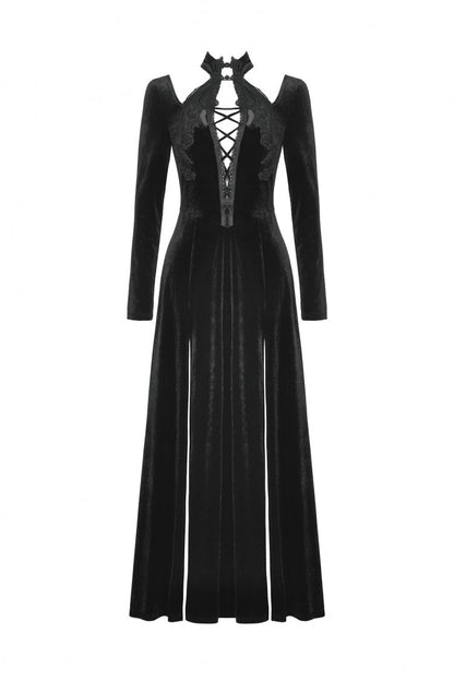 Black Long Sleeves Cut-Out Lace-Up Women's Gothic Side Slit Velvet Party Dress Wedding Dress