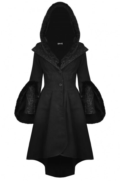 Black Lapel Collar Long Sleeves Women's Gothic High Low Woolen Dovetail Coat with Hood
