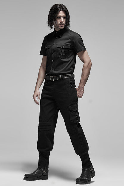 Black Lapel Collar Short Sleeves Men's Punk Blouse