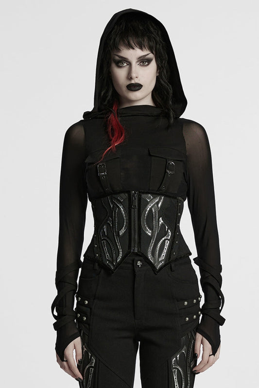 Black Irregular Mesh Zipper Women's Punk Underbust Corset