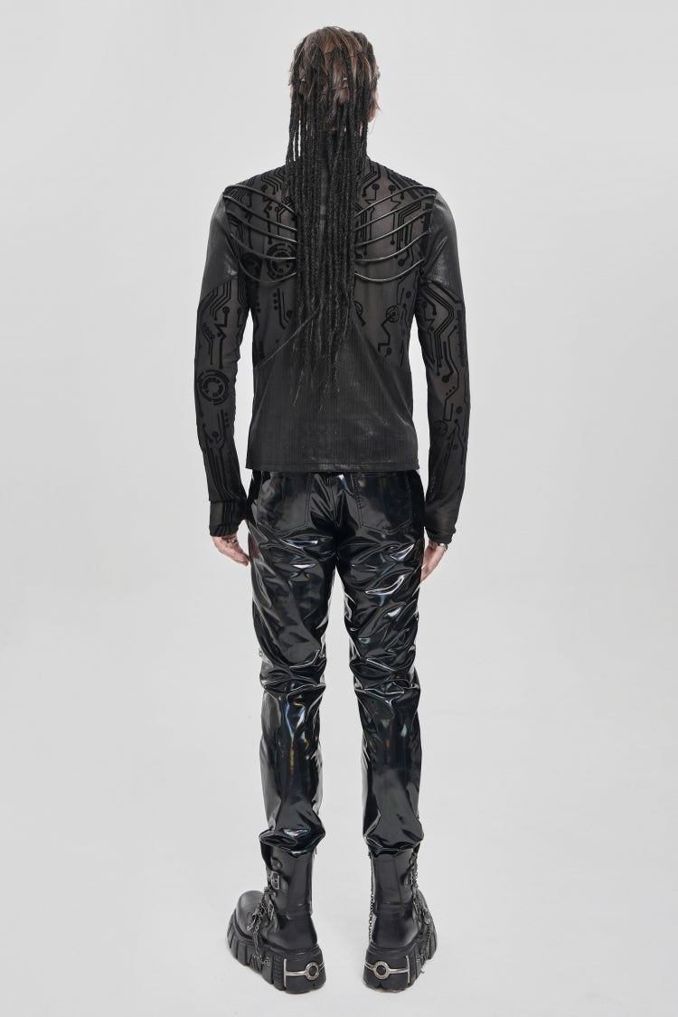 Black Long Sleeves Circuit Board Print Men's Punk Blouse