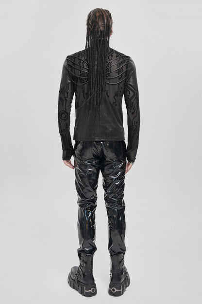 Black Long Sleeves Circuit Board Print Men's Punk Blouse