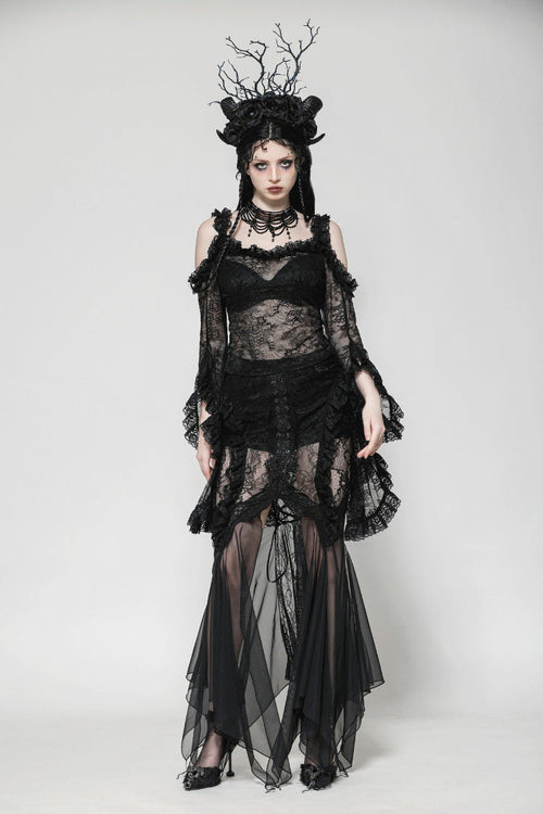 Black Off Shoulder Long Flare Sleeves Lace Women's Gothic Romantic Top