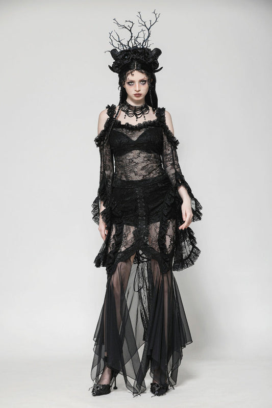 Black Off Shoulder Long Flare Sleeves Lace Women's Gothic Romantic Top