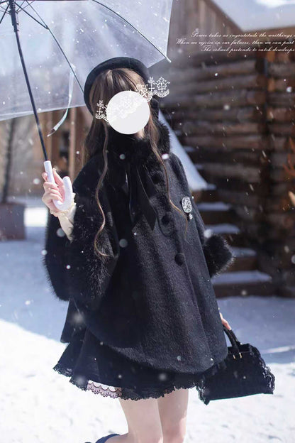 Black Long Sleeves Lace Gothic Japanese Lolita Fluffy Cloak Coat
