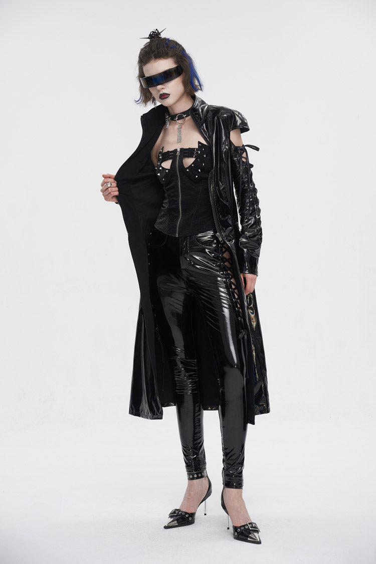 Black Lace Up Mesh Splice Patent Leather Long Women's Punk Coat