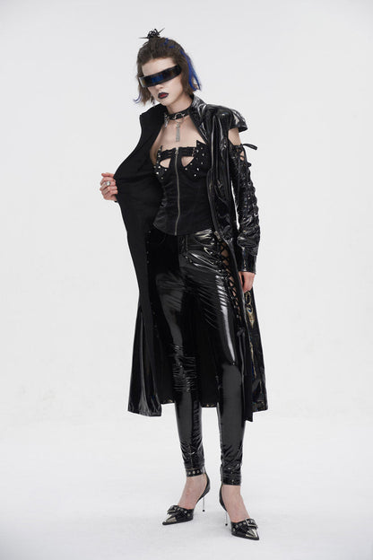 Black Lace Up Mesh Splice Patent Leather Long Women's Punk Coat