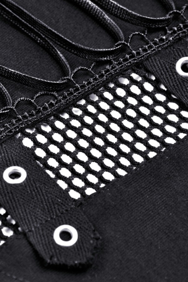 Black Long Sleeves Cut-Out Spliced Mesh Zippered Strappy Eyelet Women's Punk Crop Top