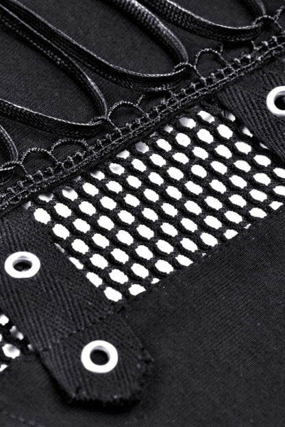 Black Long Sleeves Cut-Out Spliced Mesh Zippered Strappy Eyelet Women's Punk Crop Top