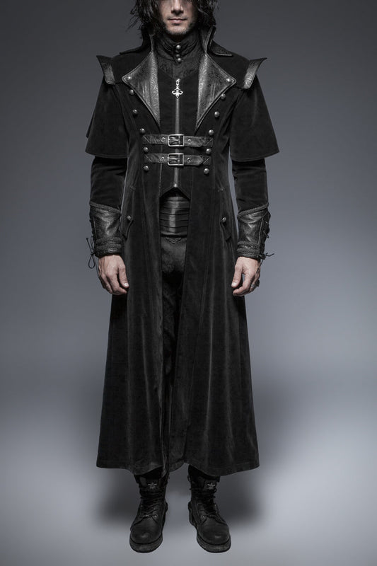 Black Leather Stand-Up Collar Metal Buckle Decoration Mens Steampunk Long Coat