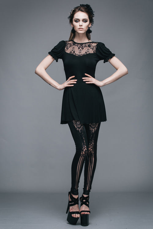 Black Patterned Lace Neck Short Sleeves Womens Mid-Length Gothic T-Shirt