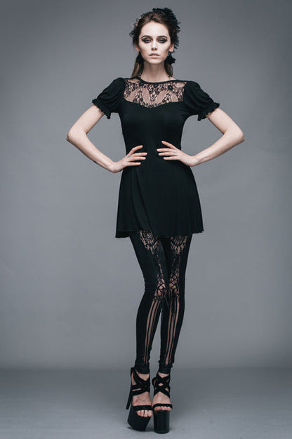 Black Patterned Lace Neck Short Sleeves Womens Mid-Length Gothic T-Shirt
