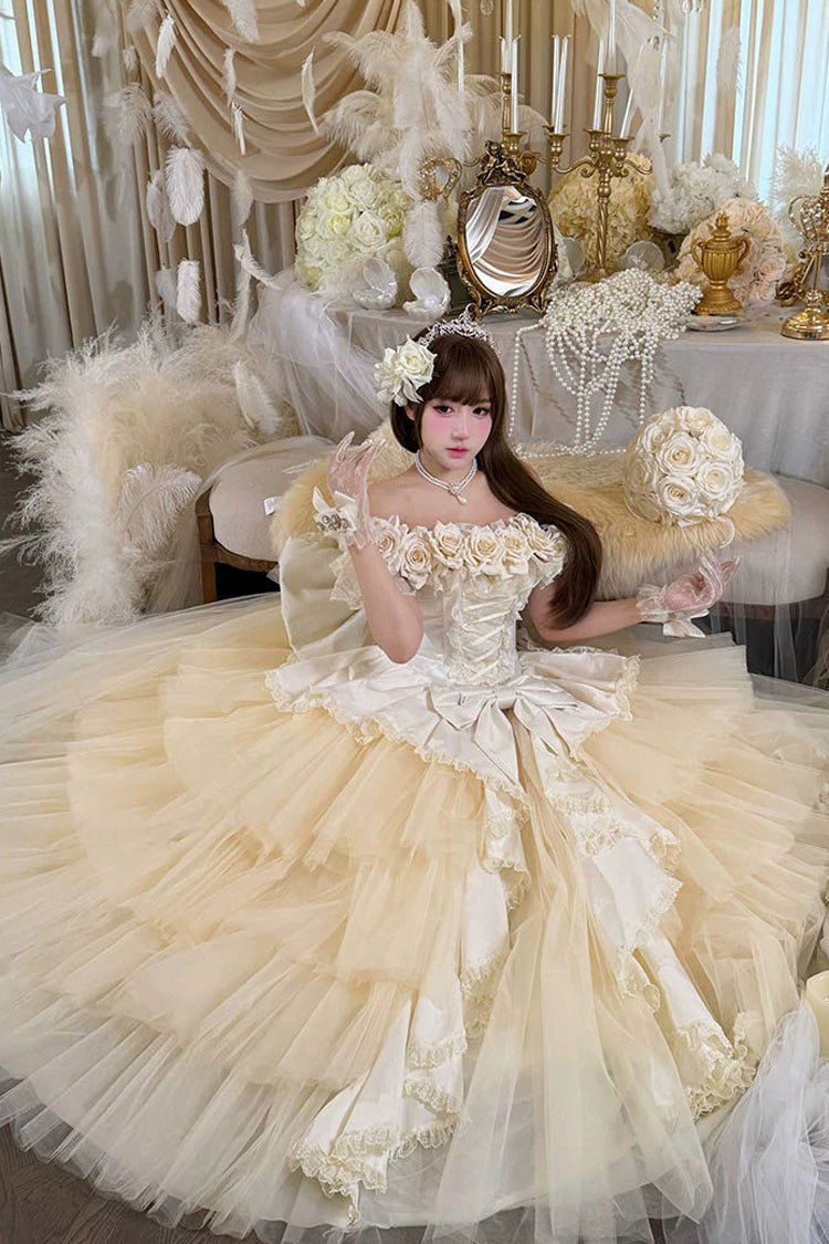Apricot [Heart’s Beloved Rose] Sleeveless Ruffled Hanayome Bow Lace Lace-Up Sweet Lolita Jsk long Dress