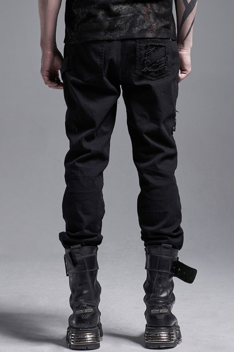 Black Metal Buckle Bandage Hollow Stitching Irregular Ripped Men's Gothic Pants