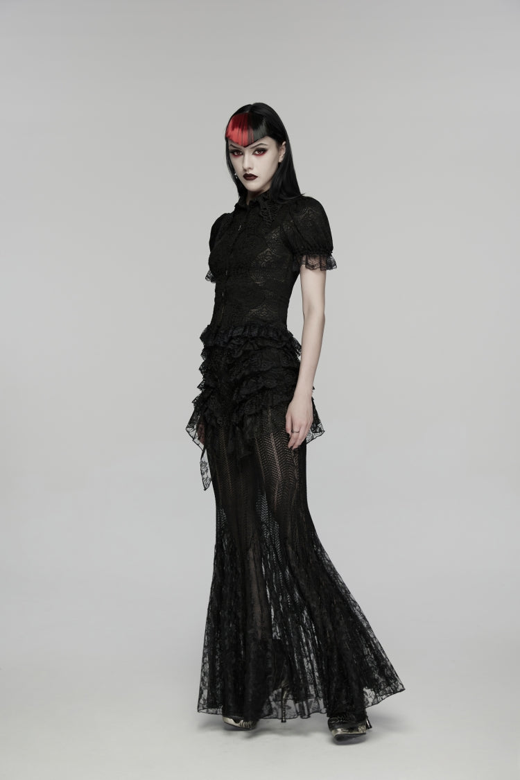 Black Embroidered Spliced Ruffled Lace Slim Mesh Women's Gothic  Mermaid Skirt
