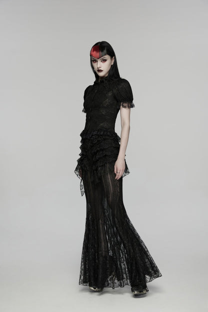 Black Embroidered Spliced Ruffled Lace Slim Mesh Women's Gothic  Mermaid Skirt