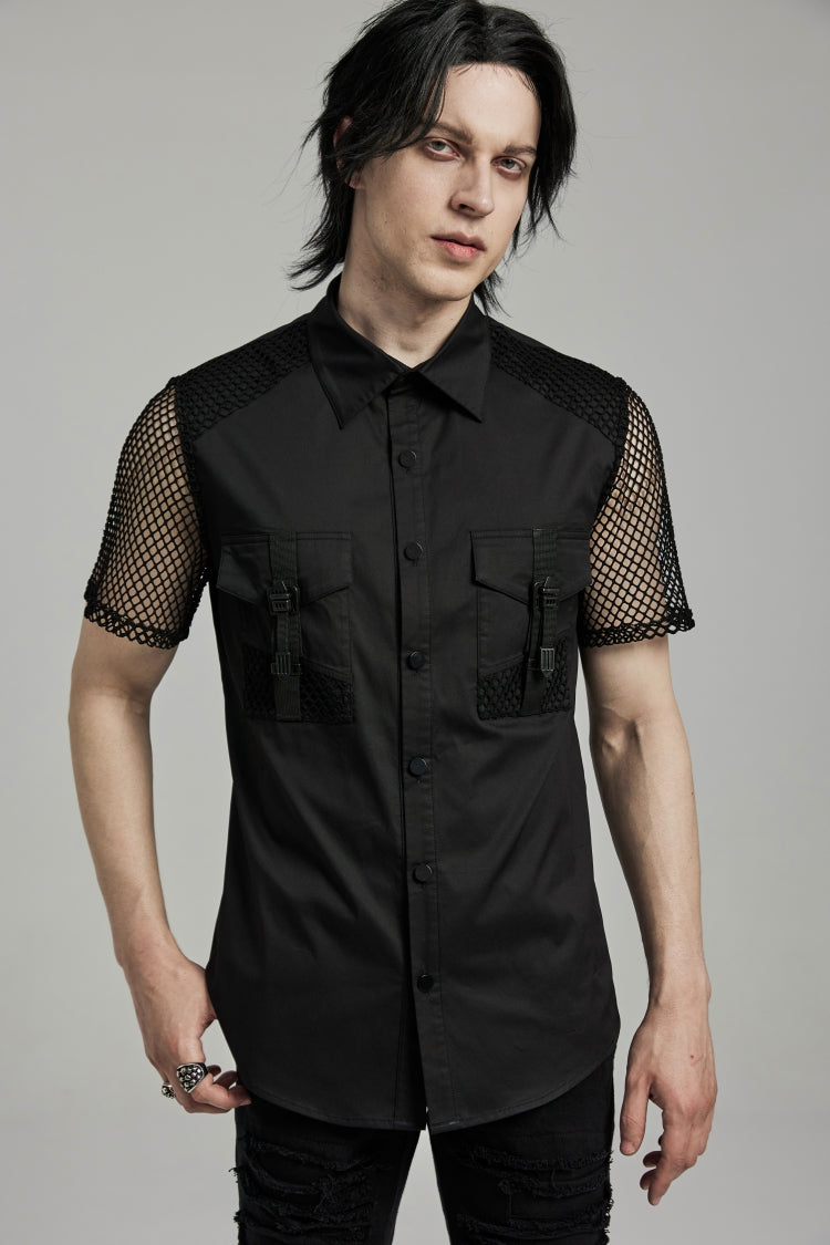 Black Lapel Collar Short Sleeves Mesh Stitching Men's Punk Blouse