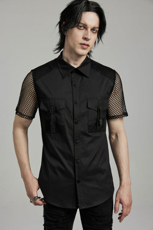 Black Lapel Collar Short Sleeves Mesh Stitching Men's Punk Blouse