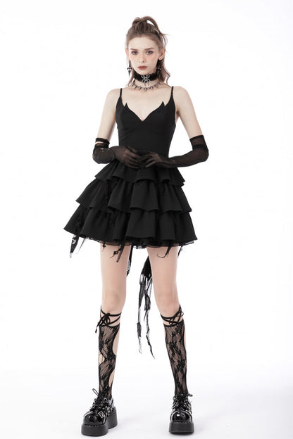 Black Little Devil Sleeveless Multi-Layered Lace-Up Women's Punk Slip Graduation Dress