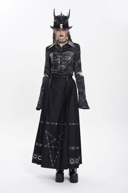 Black Eyelets Rivets Pentacle Horse-face Women's Punk Skirt